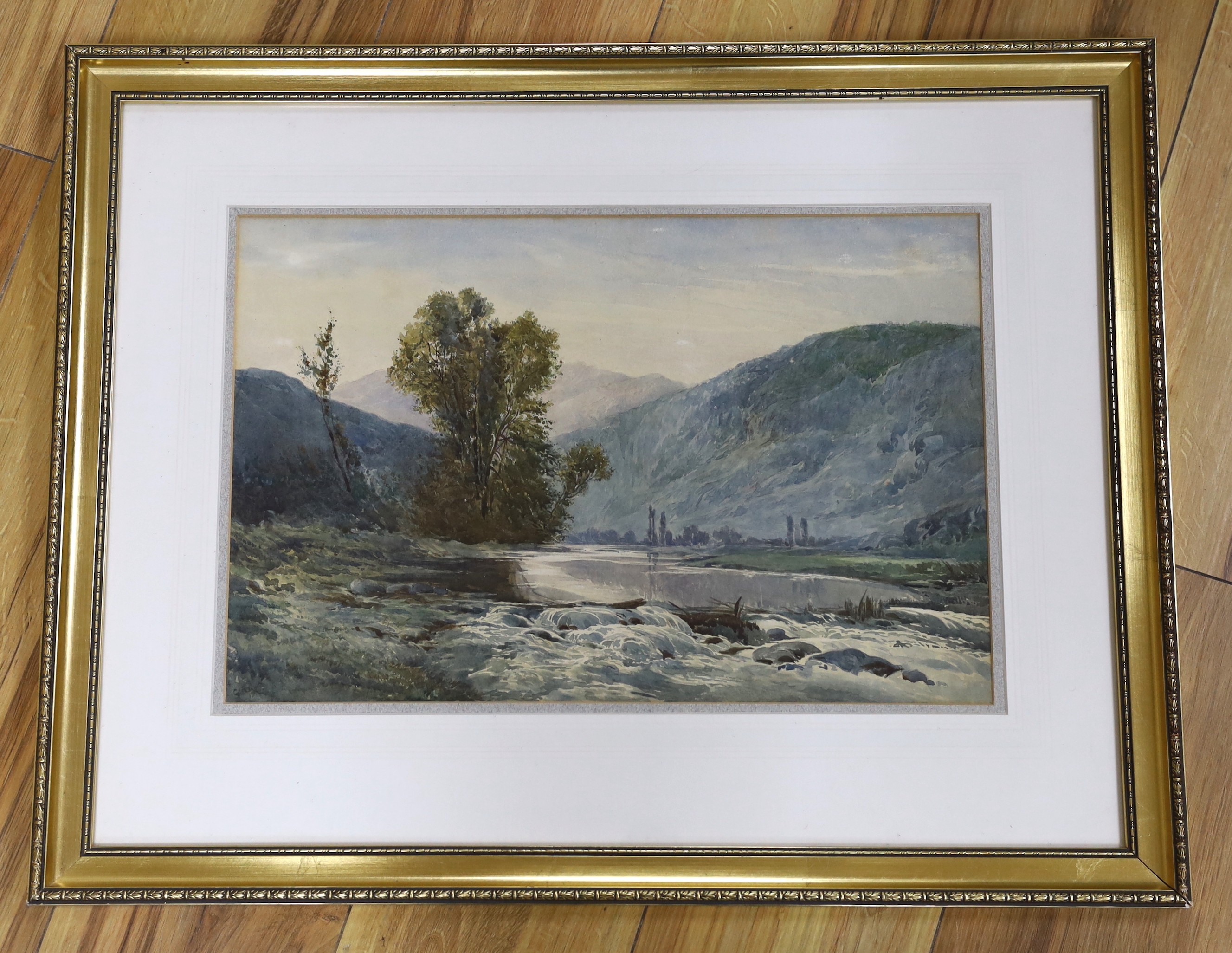 English School, watercolour, River landscape, indistinctly signed, 29 x 44cm